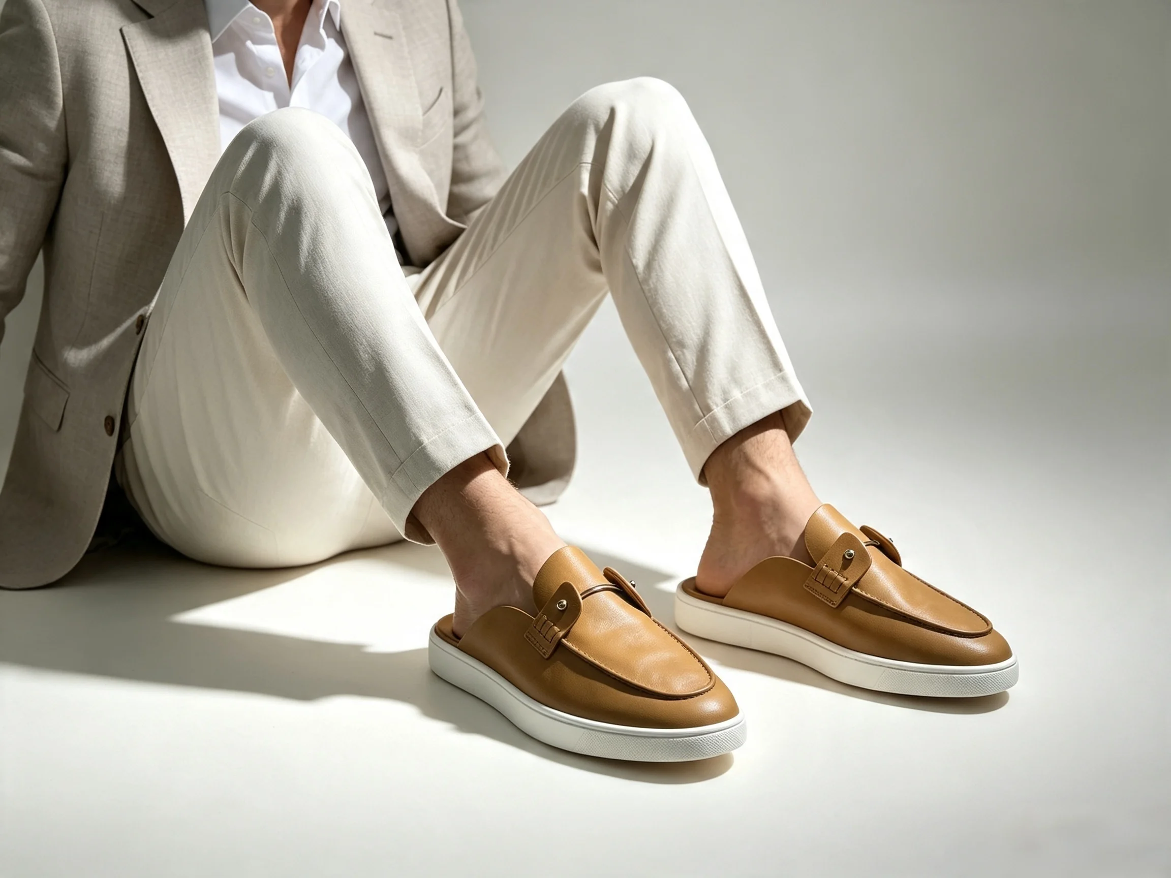 Luxury Brown Leather Mule Loafers, Men Metal Buckle Shoes Slip On Loafers, Red Bottom Casual Backless Flat Slipper Shoes Summer