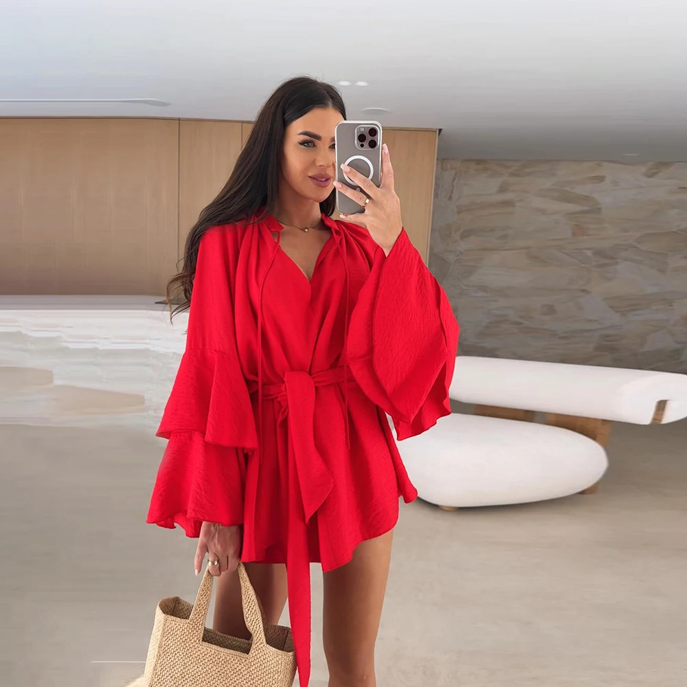 المرأة بلون فستان كتان الدانتيل متابعة الخامس الرقبة فضفاضة عطلة الخريف كشكش جرس طويلة الأكمام خمر فساتين صغيرة مثير عادية #3