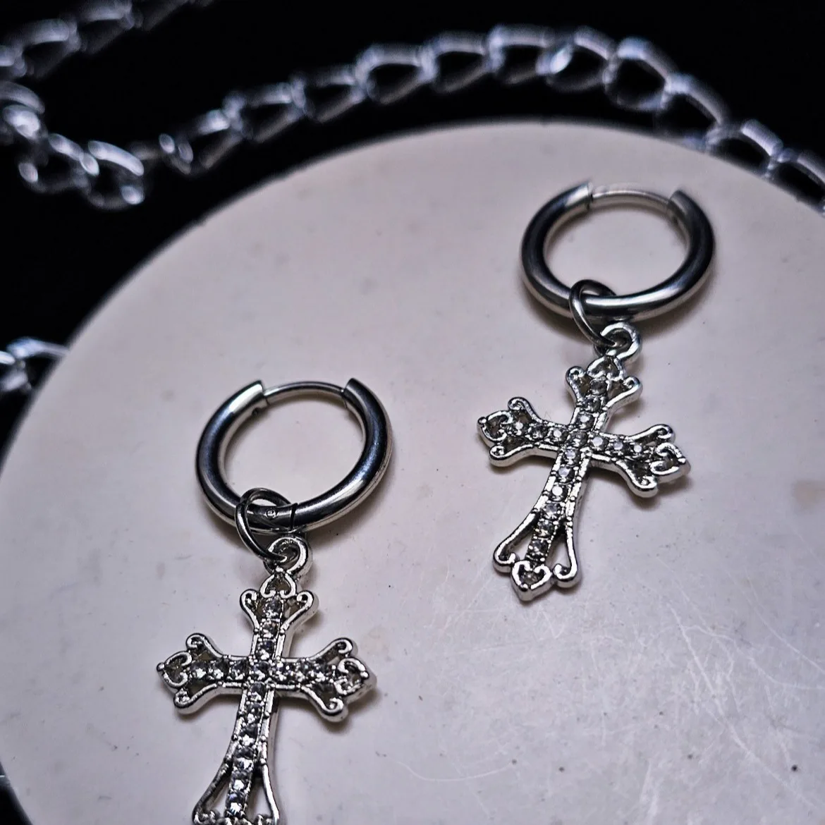 European And American Cross-Border Personality Cross Geometric Studs Full Diamond Punk Style Earrings Set