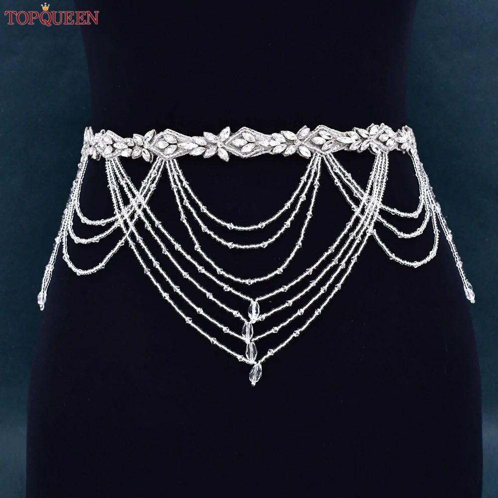 TOPQUEEN Handmade Wedding Belts Silver Tassels Beads Rhinestone Belts Beading Wedding Shawl Wedding Dress Accessories S08
