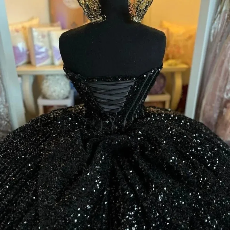 ANGELSBRIDEP-Vestidos de lantejoulas para baile, vestidos Quinceanera, elegantes e pretos, trem da capela, 15