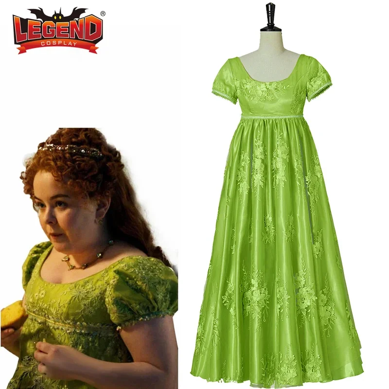 Penelope Featherington Cosplay Costume Victorian Vintage Regency Era Ball Gown Green Dress High Waistline Tea Gown