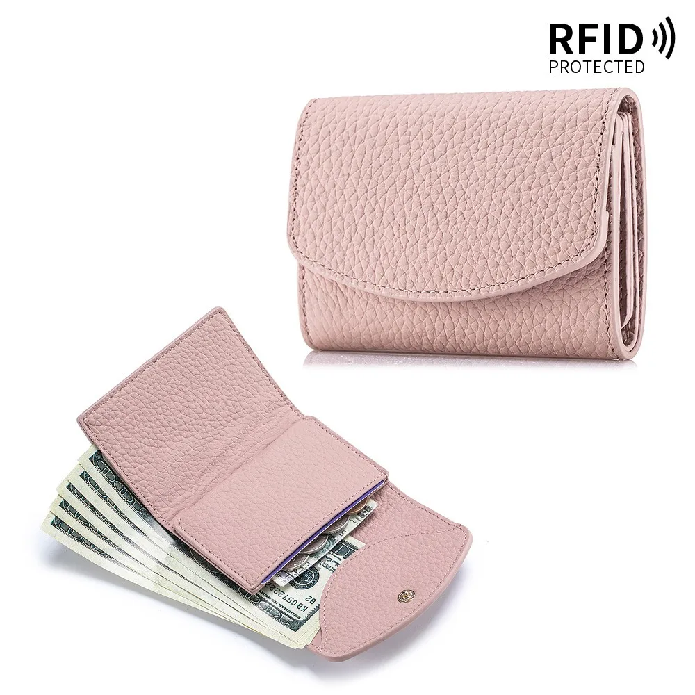 محافظ نسائية من جلد البقر المحبب على الطراز الياباني، محفظة صغيرة قابلة للطي - إغلاق سريع ومنظم محمي من RFID