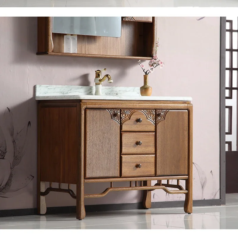 

New Chinese walnut bathroom cabinet, 1-meter solid wood bathroom, floor to ceiling washbasin cabinet, 80/90/120