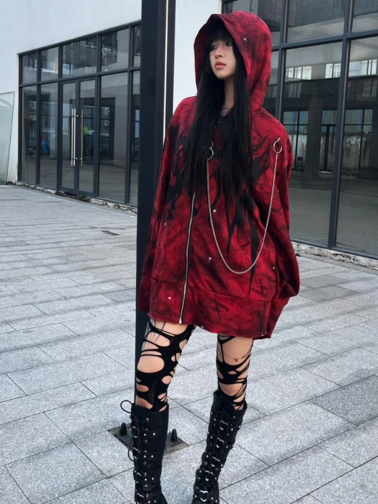 Harajuku القوطية الجرونج خمر زمم هوديس 2000s طويلة الأكمام ثقافة فرعية مقنعين البلوز طباعة الخريف الشتاء معطف فضفاض شيك