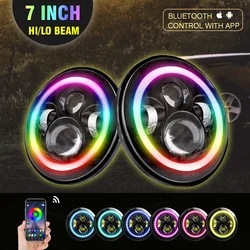 2PCS 7 Inch Round APP Control Car LED Headlights RGB Halo Ring Angel Eyes Off Road H13 H4 LED Lamp For Wrangler Harley Jk Tj Lj