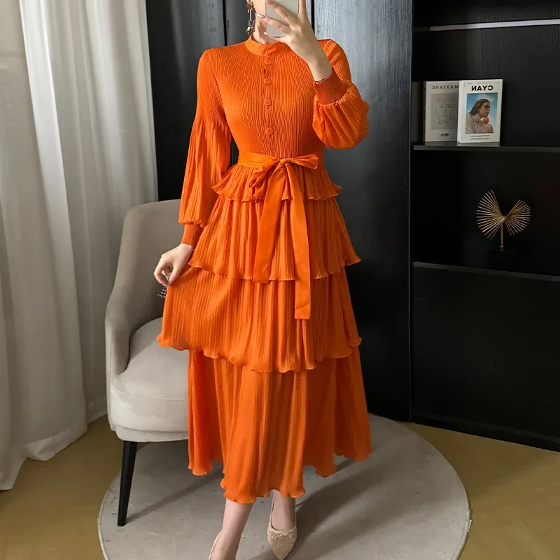 Pleats Original Pleated 2024 Summer New Niche Design Pleated Wooden Ear Ruffled Loose Thin Dress Long Section Women Clothing