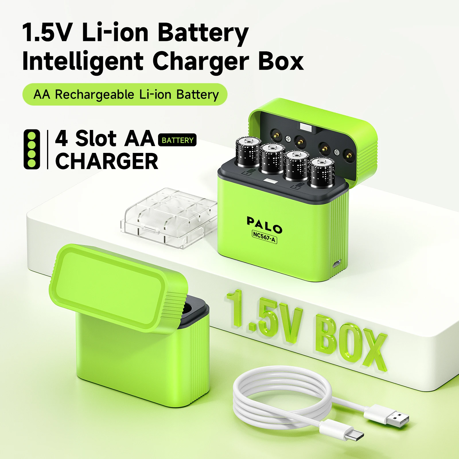 PALO Li-ion AA Rechargeable Batteries 1.5V 3400mWh Battery with 4-slots LED USB Fast Charging Charger for 1.5V 2A + Type-C Cable
