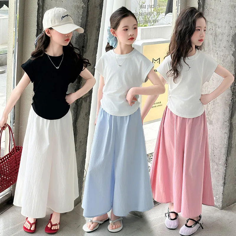 Girl New Suit Children Top Set Summer Short-Sleeved T-Shirt Pants 2Pcs Kid Solid Colour Blouse Outfits Teen Casual Loose Clothes