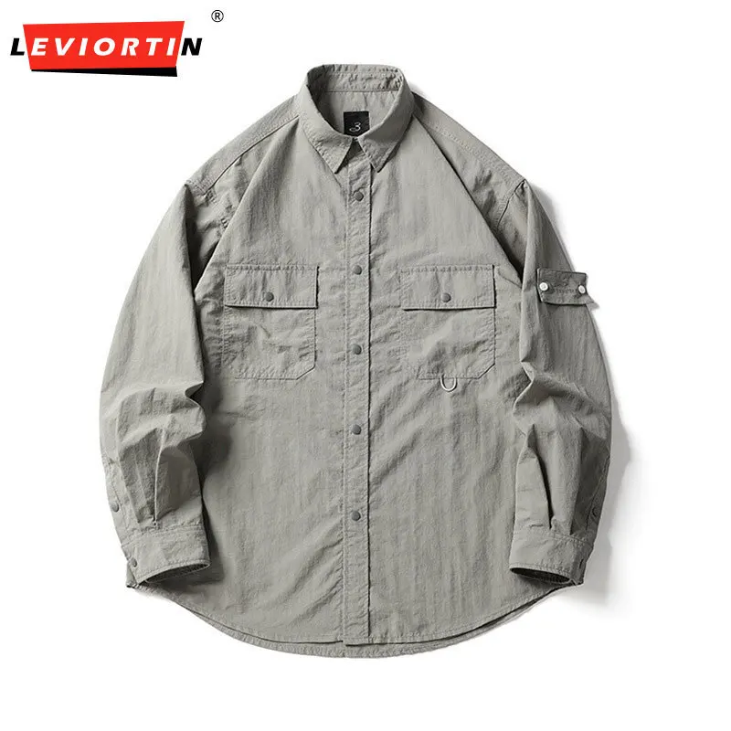 Autumn Men's trendy workwear Japanese versatile solid color casual collar shirt functional American loose long sleeved shirt