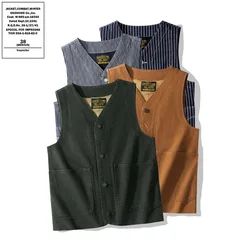 OKONKWO-Retro Double-Layer Canvas Striped Vest Classic Bag Flower Denim Outdoor Workwear Vest Camping Waistcoat Amekaji Trekking