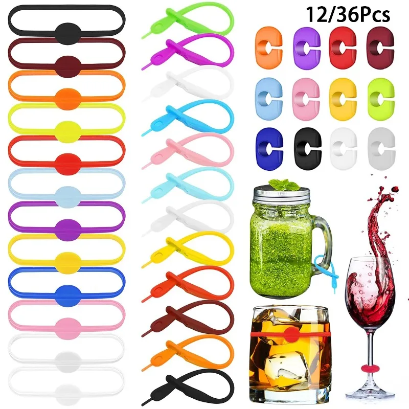 12/36Pcs Reusable Silicone Wine Glass Charms Drink Marker Bands Bottle Strip Tag Glass Identifiers for Party Cocktail Champagne