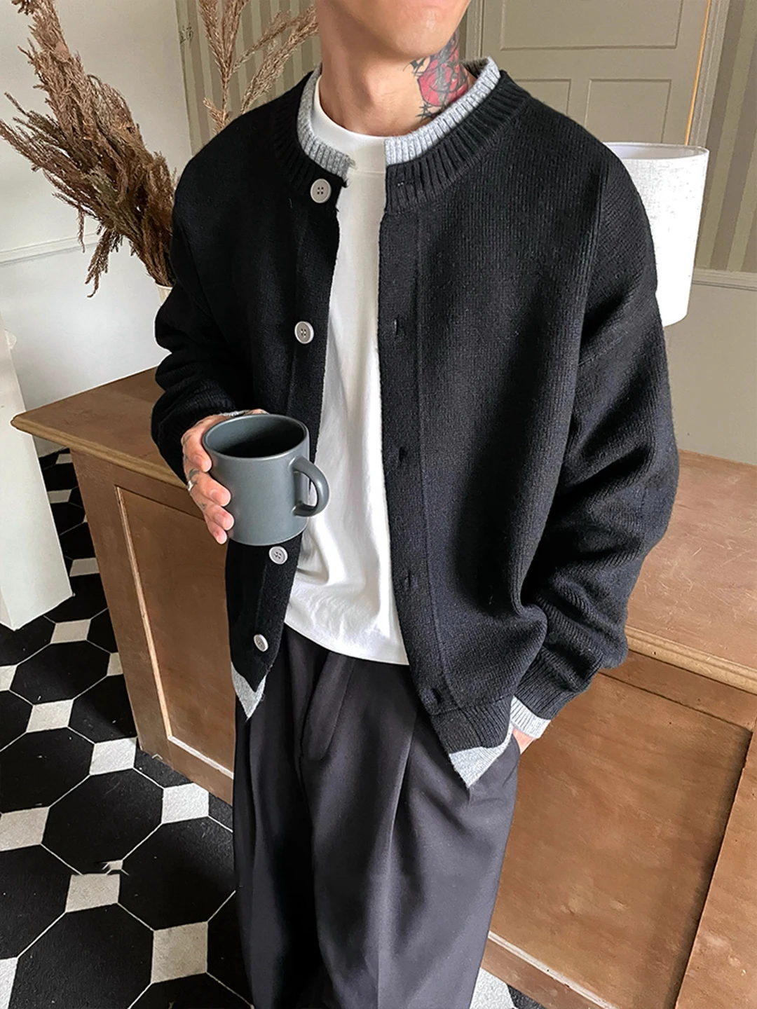 

Color Blo Fake Two-Piece Open Cardigan Knitwear Men's Early Autumn Casual Sle Design Double Layer Collar Buttoned Outerwear