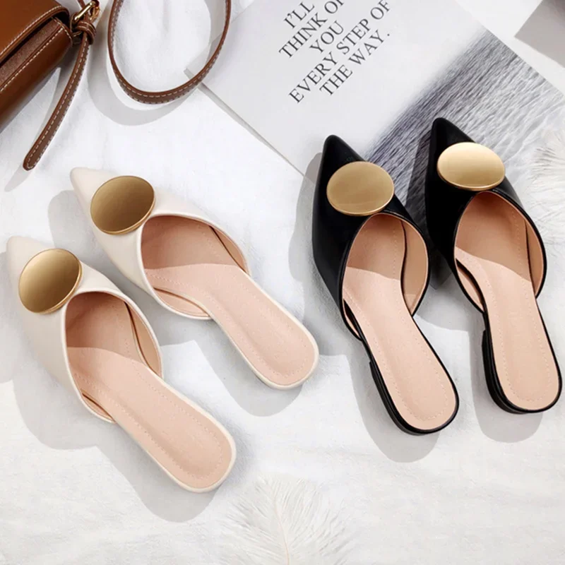 Women Etiquette Fluorescein Designer Luxury Slippers Flat Point Toe Shoes With Metal Circle Leather Summer Slides Black Beige 42