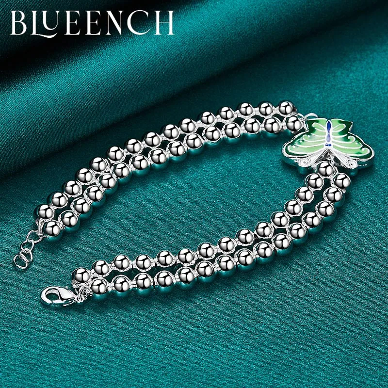 Blueench 925 Sterling Silver Double Layer String Butterfly Pendant Bracelet for Ladies Wedding Party Fashion Temperament Jewelry