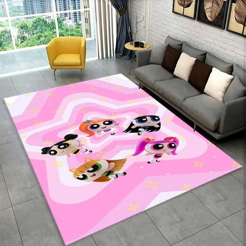 Cute P-Powerpuff girl Cartoon Non-Slip Area Rug for Living Room,Bedroom,Playroom,Soft Carpet Floor Mat Home Decor Rug Kids Room