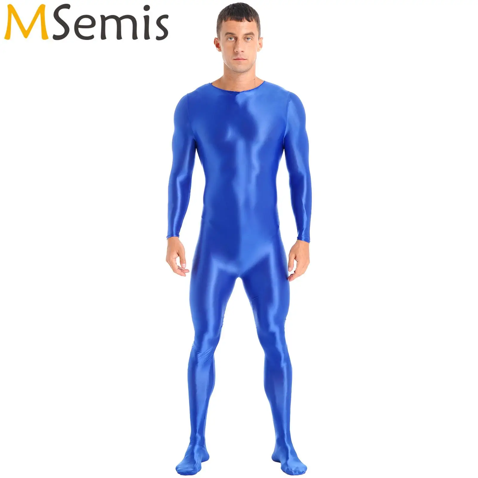 Mens Lingerie Mock Neck Back Zipper Bodystocking Glossy Gymnastics Fitness Solid Color Long Sleeve Bodysuit Sportwear Nightwear