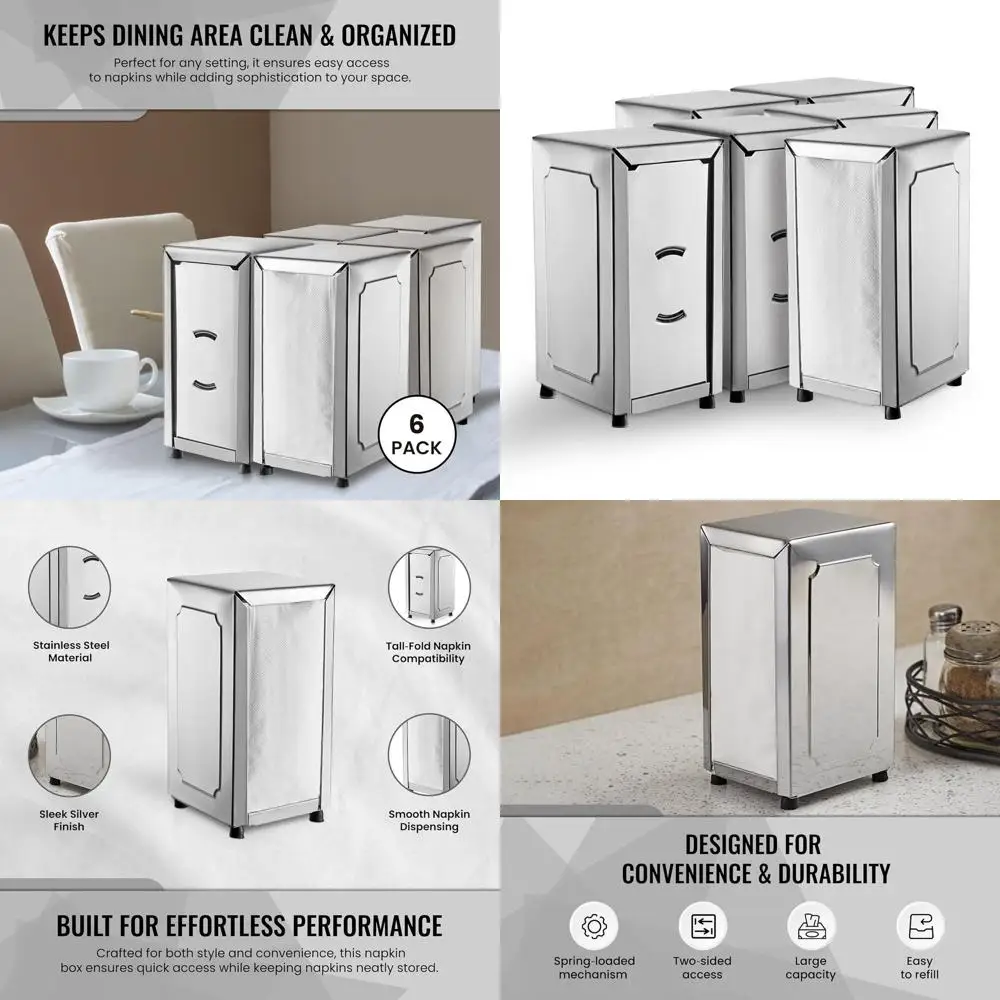

Stainless Steel Tall-Fold Napkin Dispenser, Holds 150 6 x 13 Napkins, Ideal for Home, Kitchen, Dining, Restaurants, and Food Tru