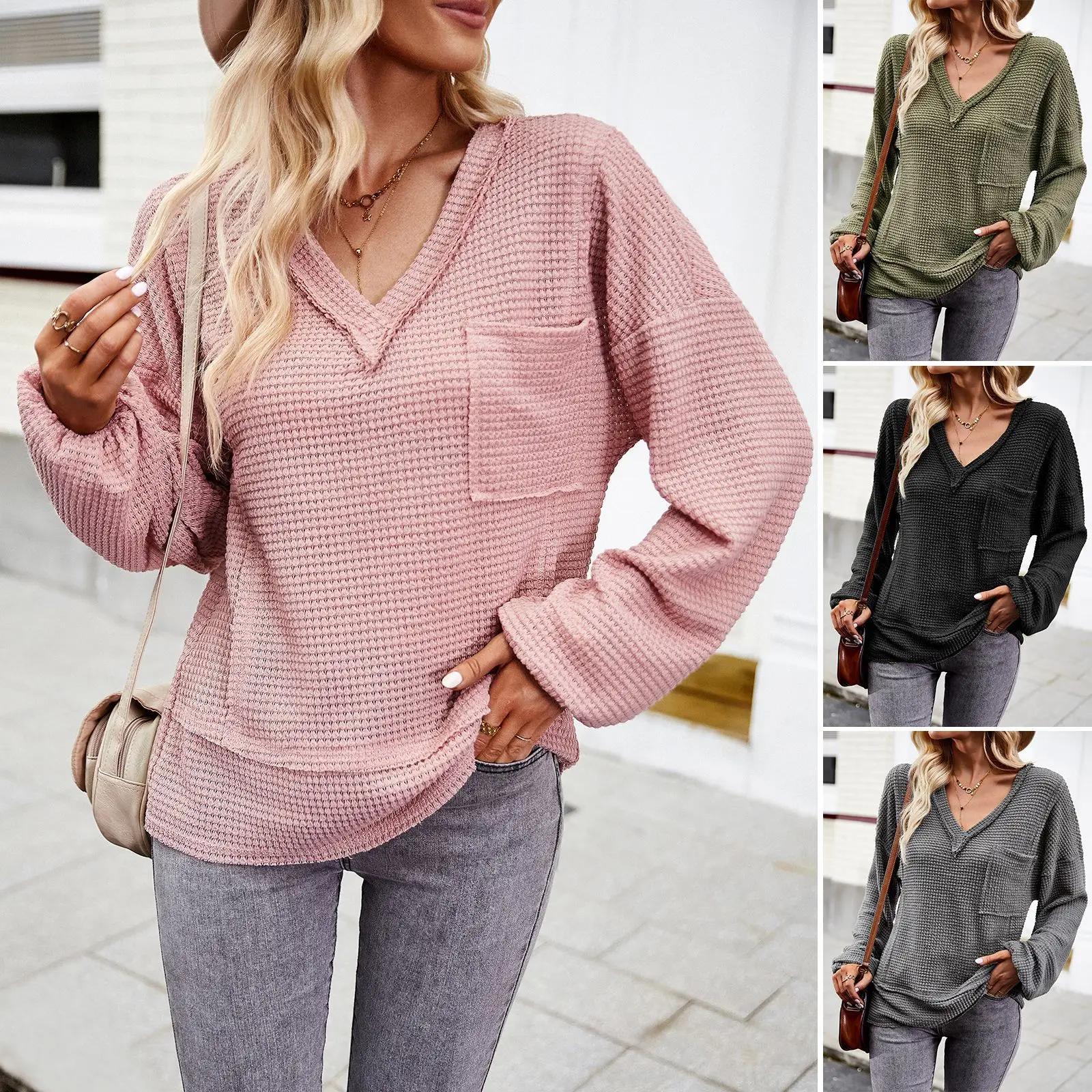 

Foreign Trade Solid Color Knitted Sweater Women's Autumn And Winter Amazon Independent Station Cross-border V-neck Long-sleeved