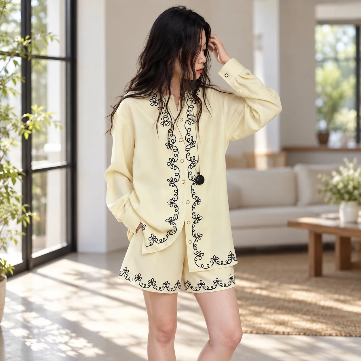 Casual Printed Set with Japanese Korean Casual Long Sleeve Floral Pattern Shirt and Women Shorts for Spring Summer Autumn
