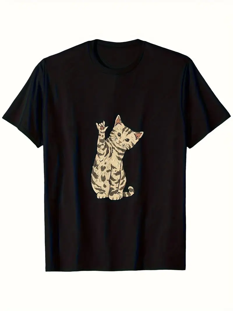 Ily Cat Asl Graphic T-Shirt For Men And Women 100% Cotton Heavyweight 220Gsm Black Beige I Love You Hand Sign Language Design