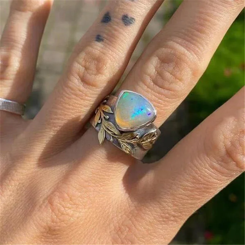 Geometric Trendy Moon Opal Heart Rings Fashion For Women Leaf Finger Ring Party Custom Jewelry