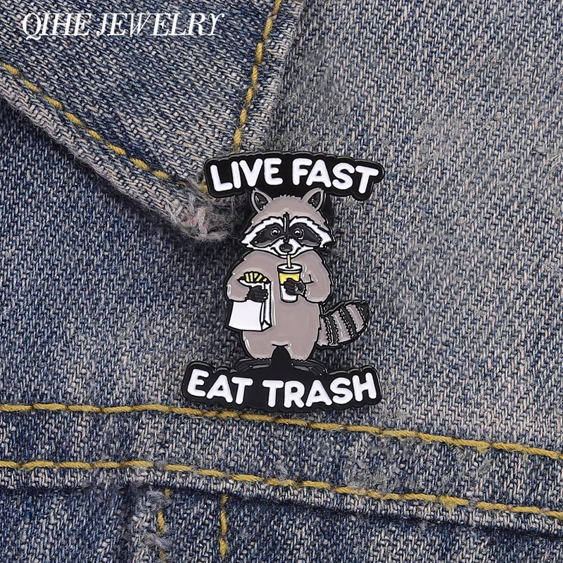 Live Fast Eat Trash Brooch Enamel Pin Funny Cartoon Raccoon Eat French Fries Milk Tea Brooches Lapel Badge Jewelry Friends Gifts