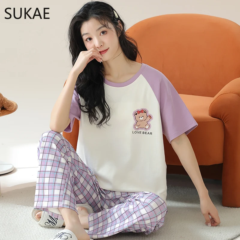 SUKAE Cute Animals Short Sleeves Full Pants Cartoon Sleepwear Women Summer Leisure Pajamas Nightwear Faux Cotton Girls Nightwear