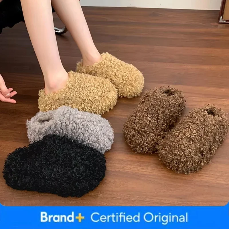 

Thick Heel Luxury Lambwool Mules 2025 Winter Shoes Woman Flip Flops Flat Cover Toe Slides Ins Warm Curly Lamb Fur Slippers Women