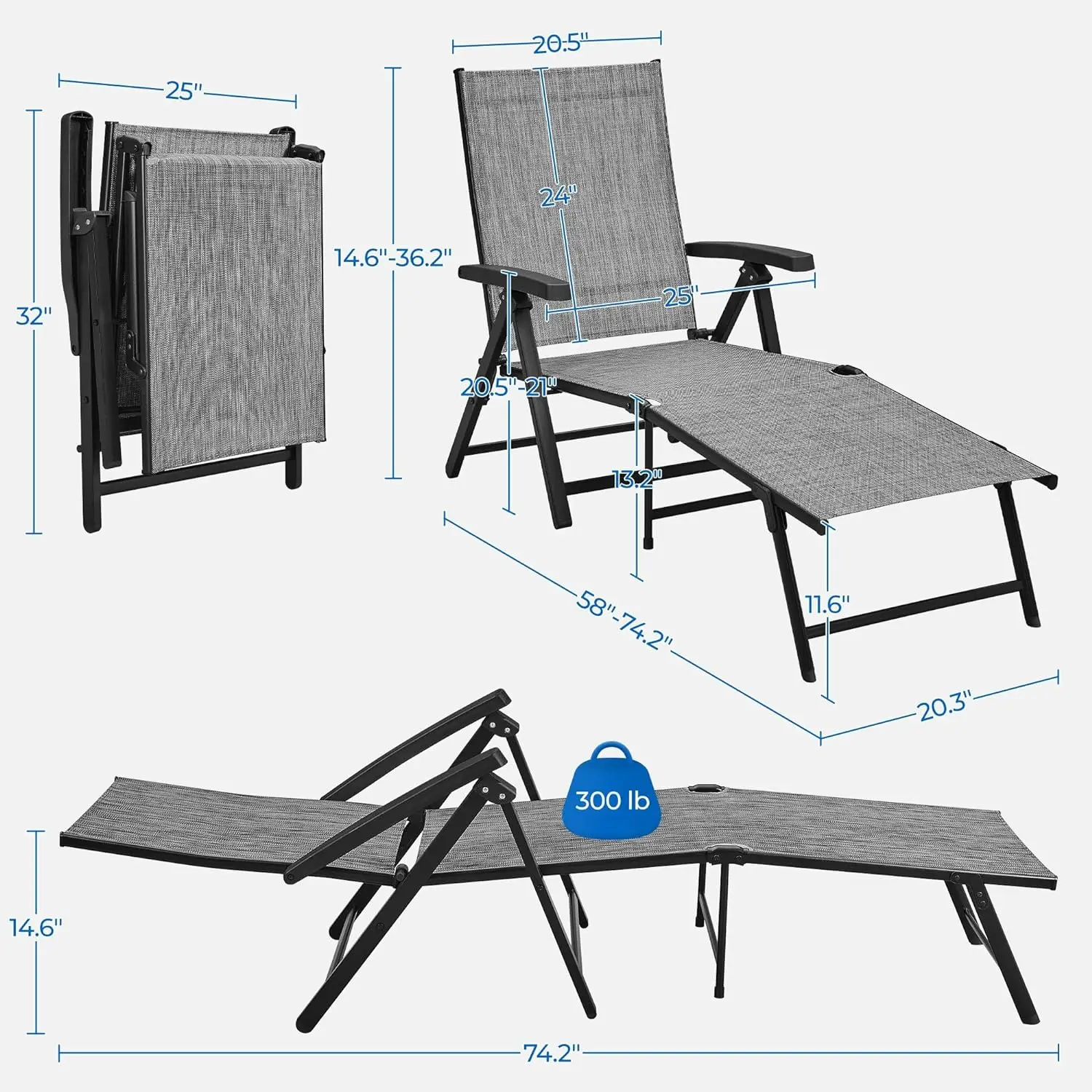 Ensemble de chaises longues inclinables pliantes pour l'extérieur, avec dossier réglable à 7 positions, pour plage, piscine, jardin, terrasse grise, lot de 2