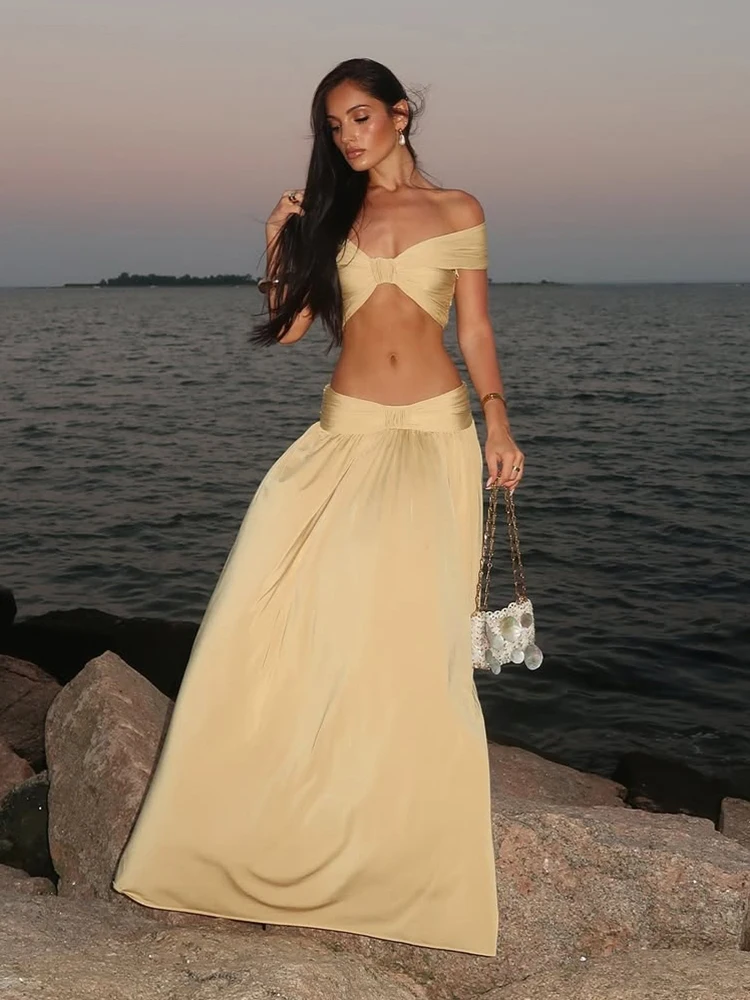 

Macheda Vacation Folds Шикарный комплект из 2 предметов, женский укороченный топ на одно плечо с глубоким вырезом и открытой спиной без рукавов + драпированные юбки, костюм для пляжной вечеринки