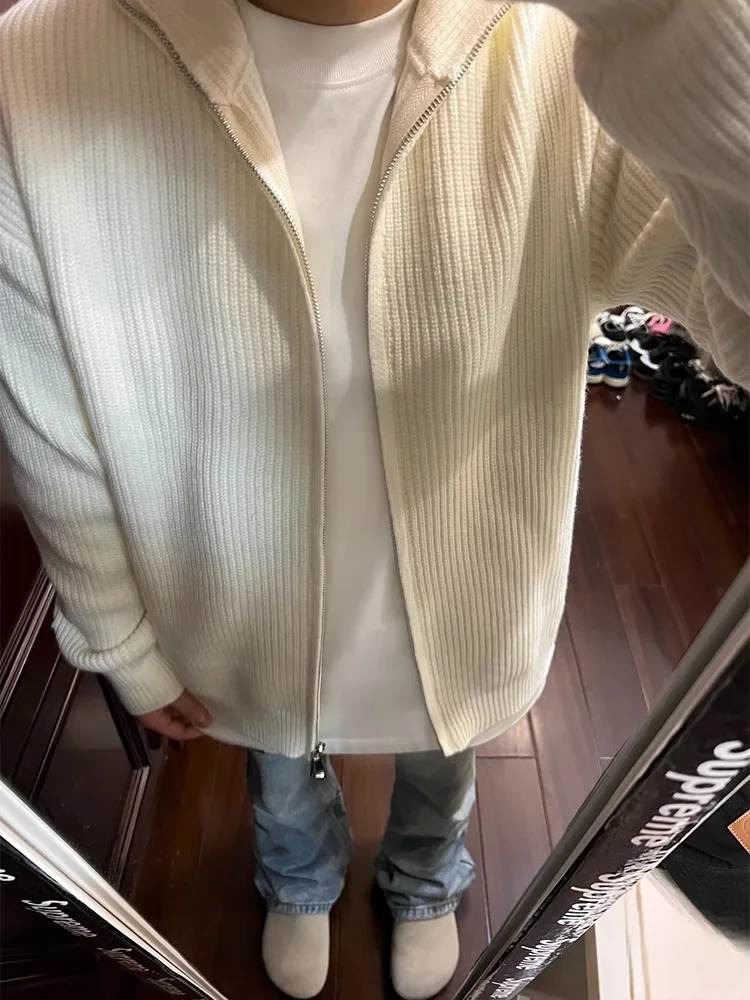 

Мужской свободный вязаный кардиган с высоким воротником, бежевый, весна-осень, повседневный, на молнии, из комфортного полиэфирного волокна