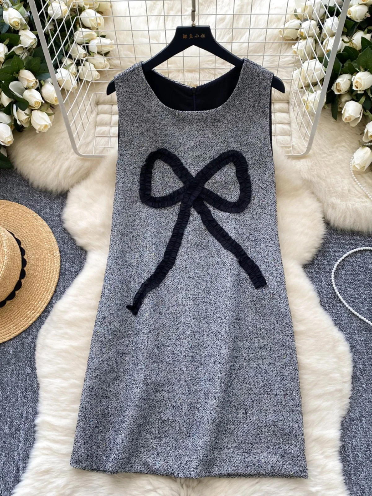 가을 겨울 신상 여성 고급 감성 스몰 프래그런스 윈드 나비 매듭 자수 루즈 슬림 A라인 베스트 드레스