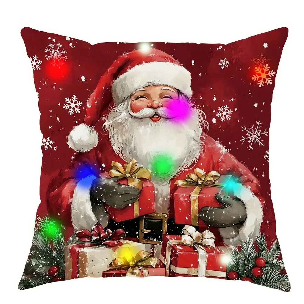 Funda de almohada luminosa con luz LED, diseño de patrón de caja de regalo de muñeco de nieve de Papá Noel, adecuada para decoración del hogar de fiesta de Navidad