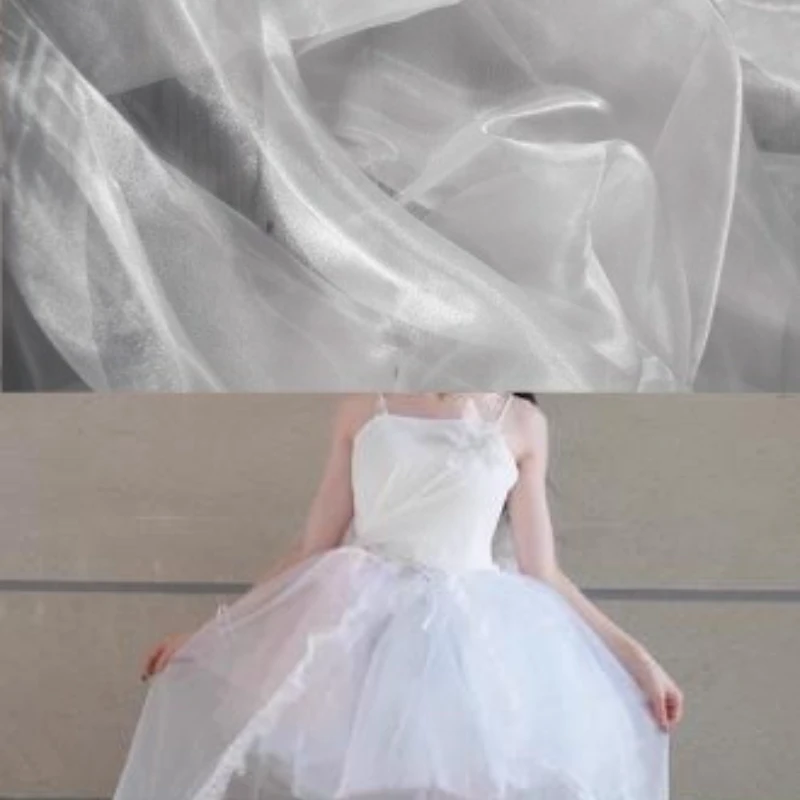 

White Liquid Glossy Yarn Fabric Colorless Transparent Flowing Texture High Gloss Organza Hanfu Designer Fabrics Cloth Per Meter