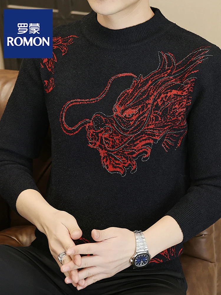 

Romon Men's Knitted Sweater round Neck Long Sleeve Diamond Embellished Thick Warm Autumn Winter New Style Casual Fashion