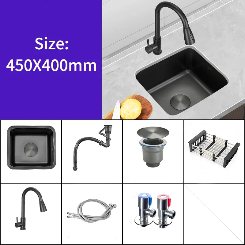 Fregadero de cocina Nano negro de acero inoxidable 304, lavabo de un solo tazón, grifo pequeño, accesorios de drenaje para el hogar