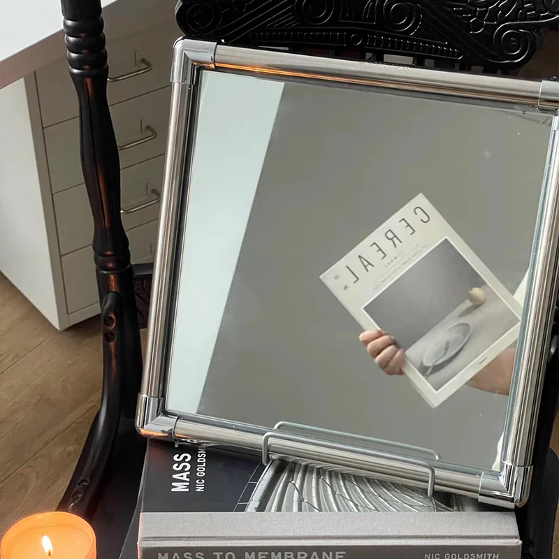 Nordic Stainless Steel Vanity Mirror Square Frame Wall Mounted Glass Makeup Mirror with Tray for Bathroom Decor