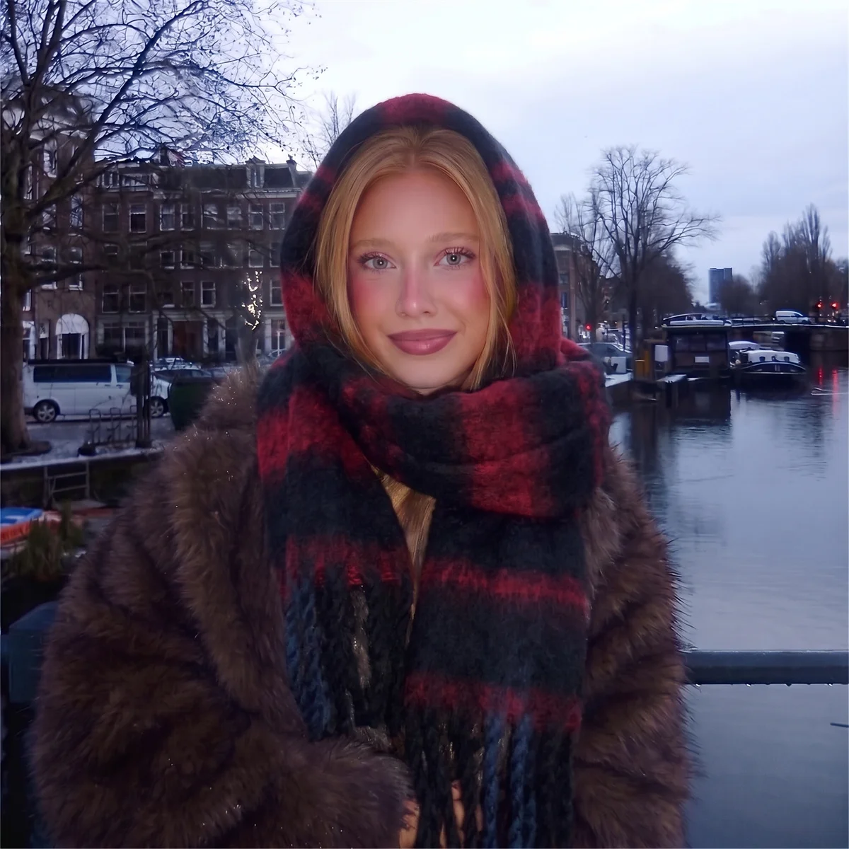 Women Stripe Fluffy Scarf With Tassel Thick Mohair Feel Shawl Ladies Winter Warm Oversized Wrap Street Style Neck Scarves
