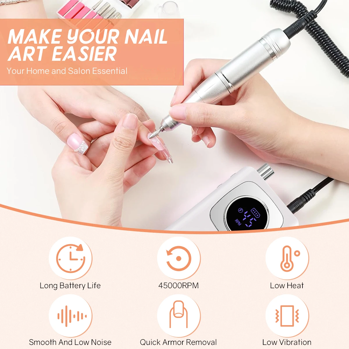 45000RPM Professional Rechargeable Electric Nail Drill Machine Portable Cordless Nail File For Acrylic Gel Nails Remove