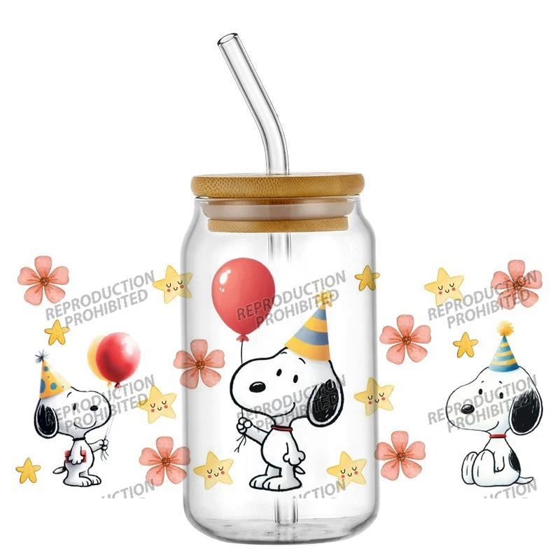 Popular Lovely Dog Happy Birthday Painting 16oz UV DTF 3D Transfer Sticker Decals For Glass Can Cup Fashion Craft DIY Creative