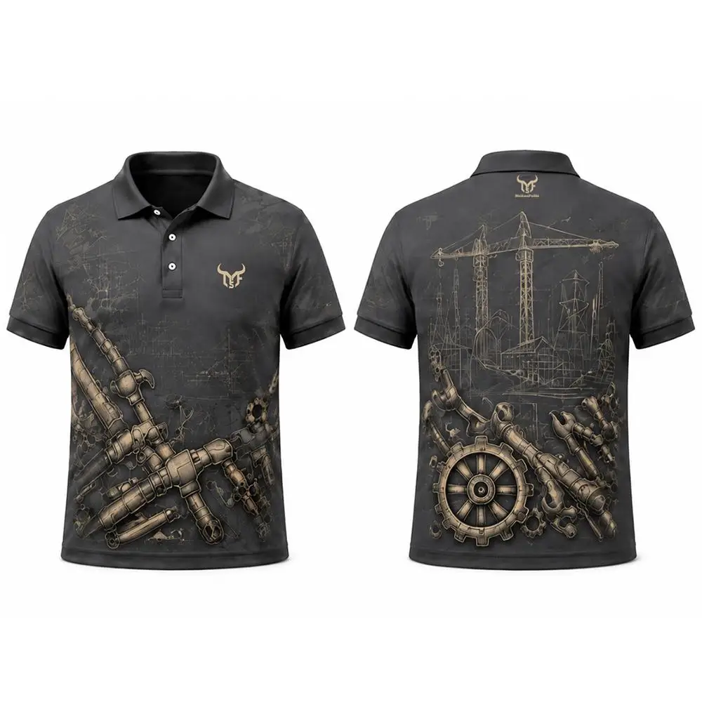Unique Industrial Style Print Polo Shirt Summer Outdoor Work Breathable Casual Tops Men's Retro Classic Lapel Button Clothes