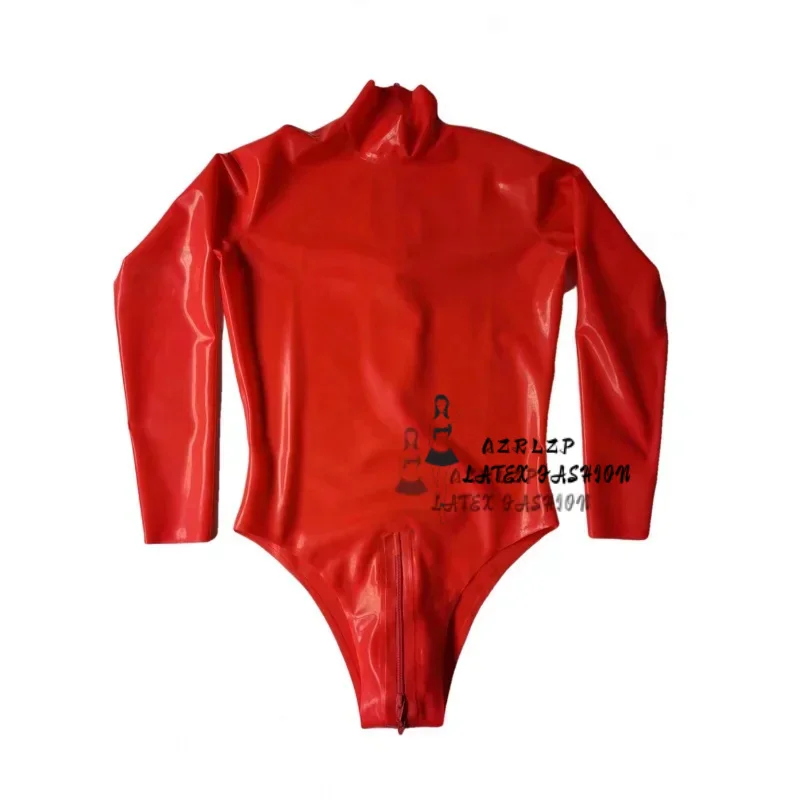 Men\'s 100% Latex Bodysuit Long Sleeve High Cut Leotard Rubber Swimming Catsuit Crotch Zipper