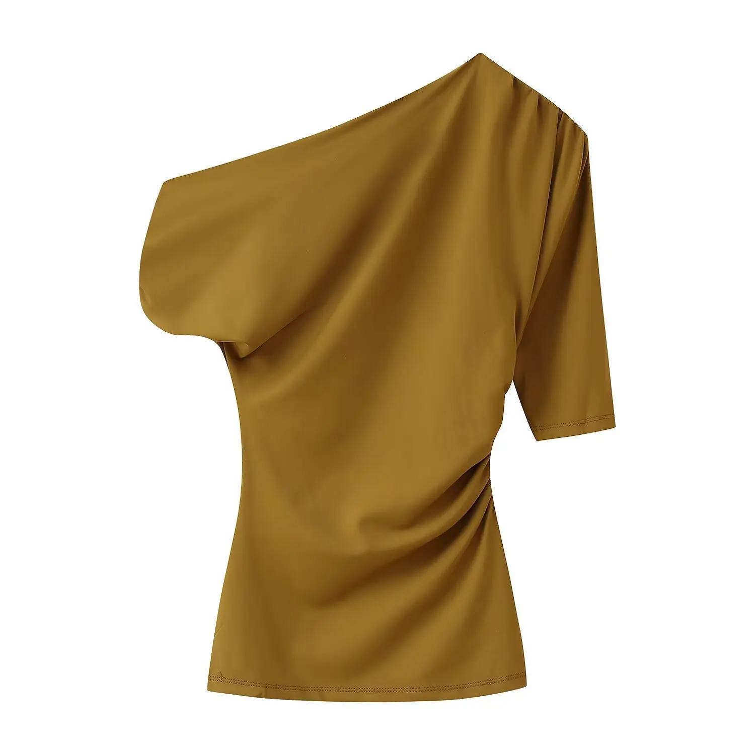 المرأة سليم صالح غير المتماثلة اقتصاص قميص خارج الكتف قصيرة الأكمام مطوي الذهب زر بلوزة صلبة الصيف بلوزة أنيقة جديدة #3
