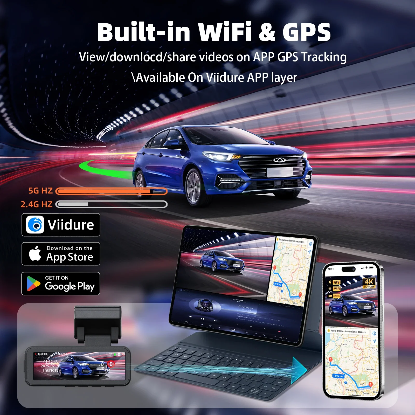 Aprilboy 3.2 นิ้ว 4K Dash Cam Dual เลนส์ UHD การบันทึกรถกล้อง DVR Night Vision Video Recorder WiFi ในตัว GPS ที่จอดรถ 24H