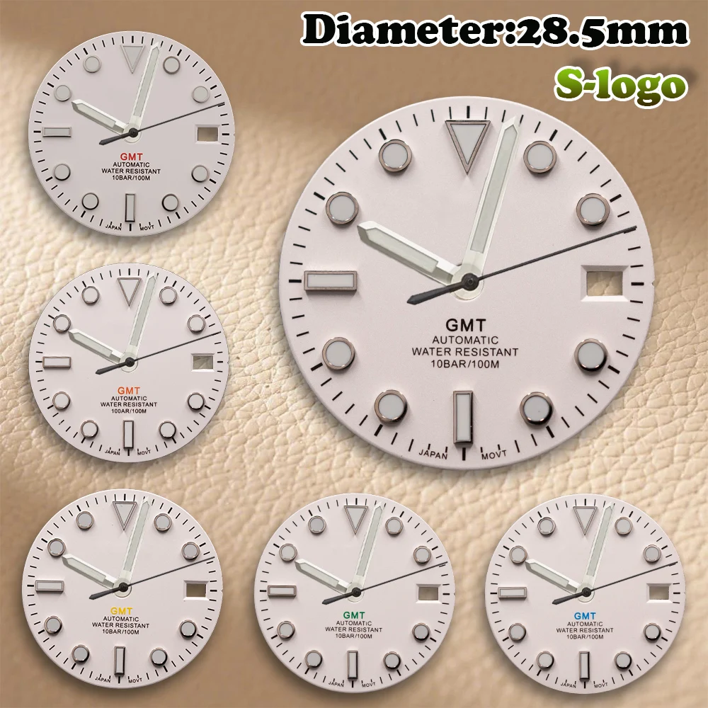 

S логотип 28,5 мм GMT белый циферблат подходит для механизмов NH34 C3 зеленый светящийся модификация часов аксессуары запасные части