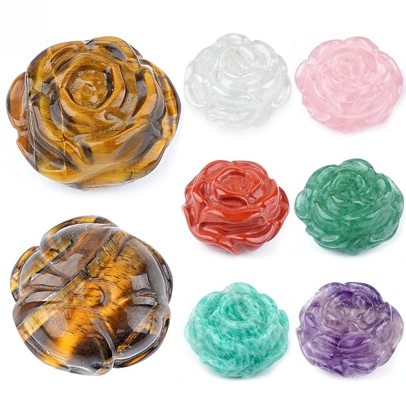 Carved Single Sided Rose Flower Stone Beads Ornament DIY Crafts for Cards Hair Jewelry Healing Stones Room Decorations