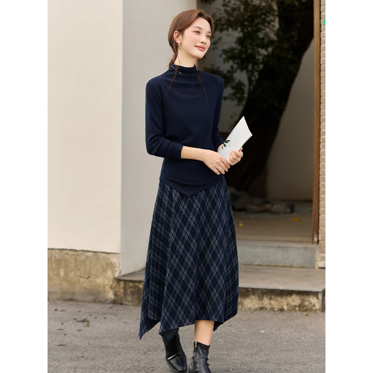 VIMLY deux pièces jupe ensemble femmes décontracté hiver 2025 col montant tricoté plis hauts asymétrique jupe à carreaux dame jupe costumes A3337