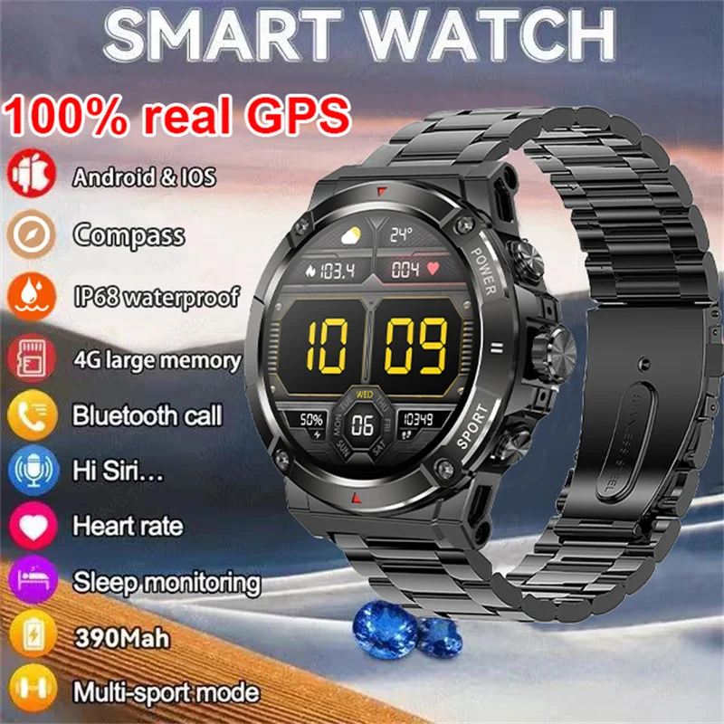 

2024 New Real GPS Sports Fitness smartwatch Bluetooth Talk 4GB large memory IP68 Waterproof Compass Health Monitor for Android .