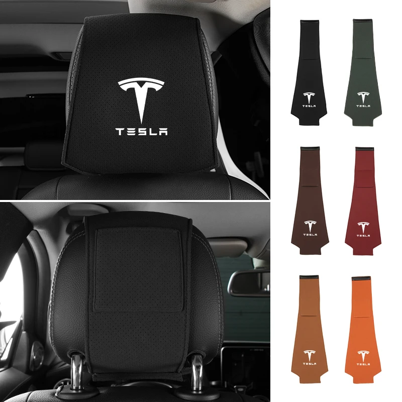 1pc/2pcs Car Seat Back Headrest Pillow Fur Leather Cover For Tesla Model 3 Model S Model X Model Y Roadster Bonina Coil